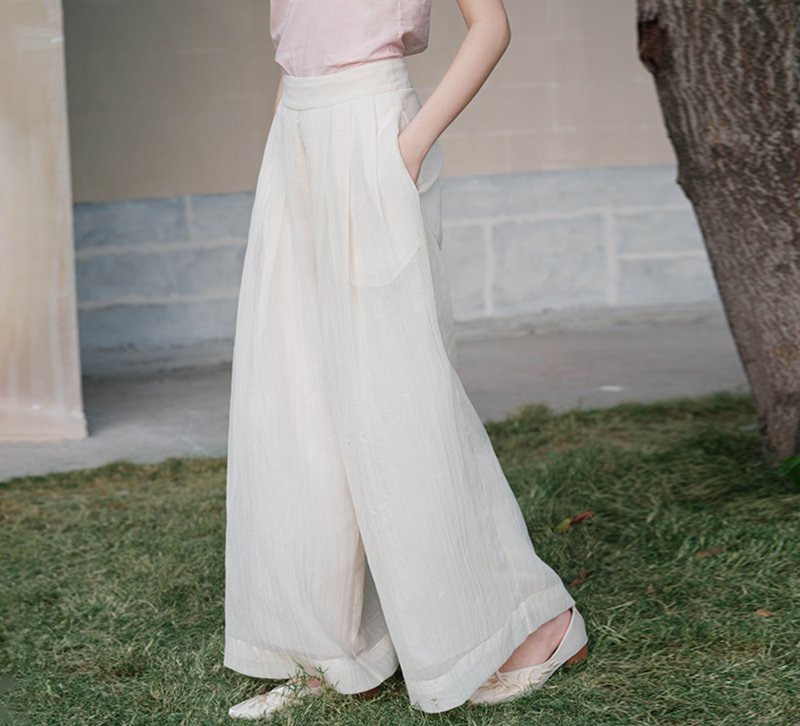 【羽杏】新中式复古中国风 高腰垂感阔腿裤 - 女装长裤 - 其他材质 白色