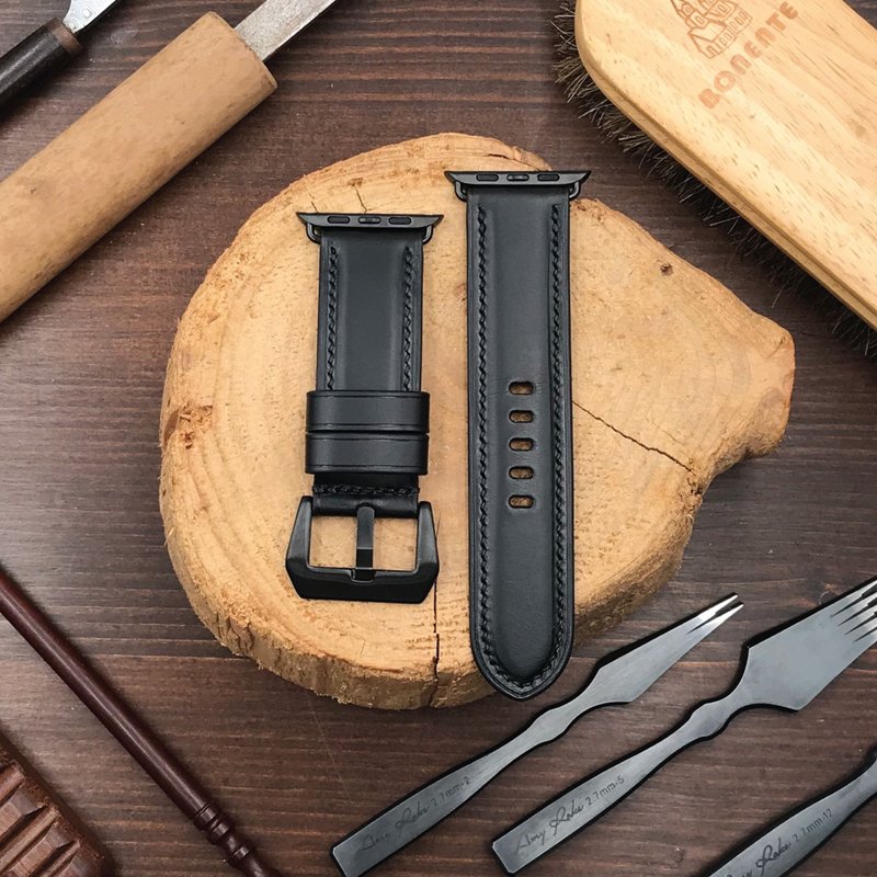 【AppleWatch表带】黑色植鞣牛皮/法国防汗皮/意大利皮革 - 表带 - 真皮 黑色