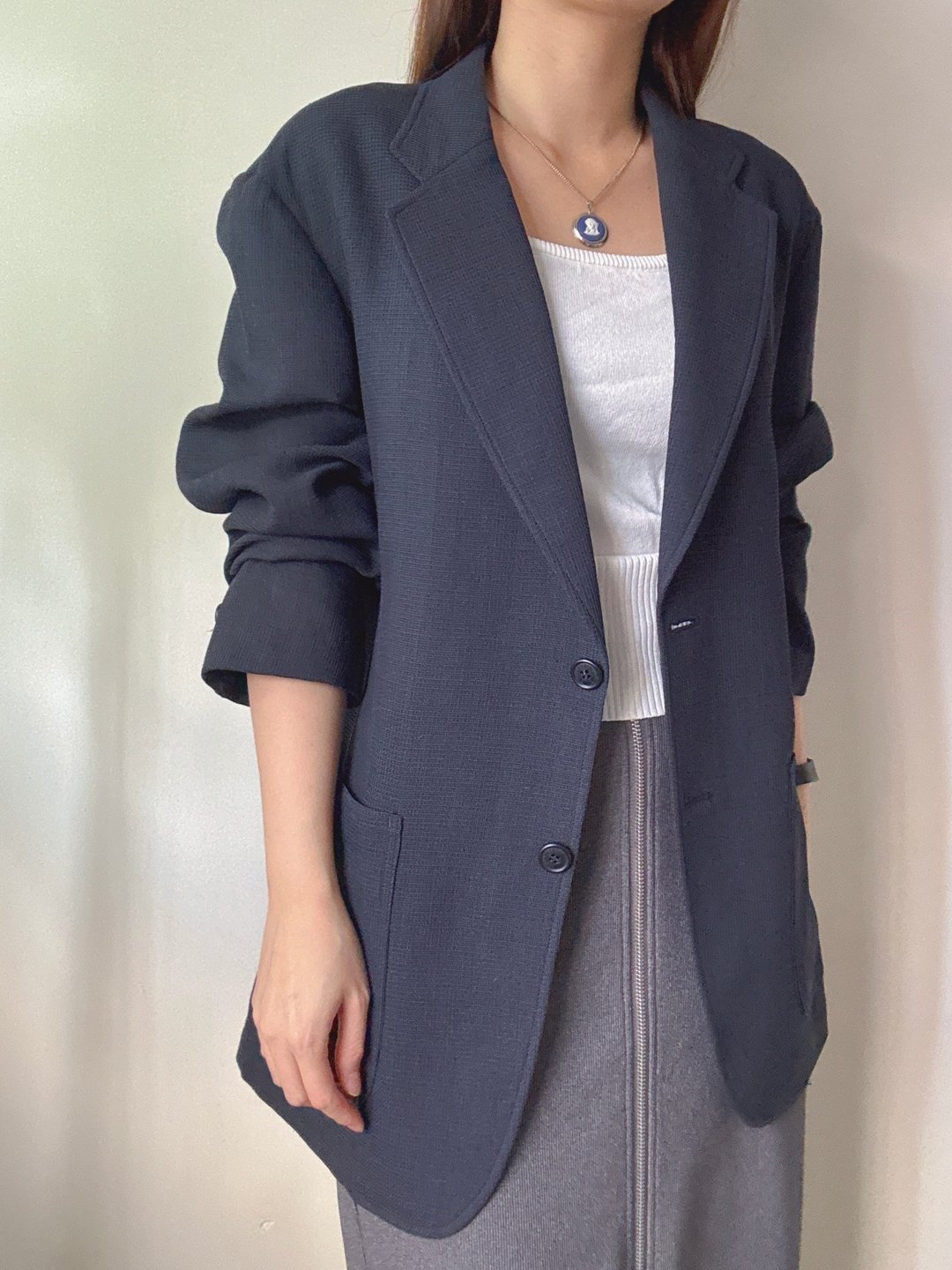 中古名牌 Lanvin 深蓝 窝夫格 西装外套 棉质透气中性 over sized - 女装西装外套/风衣 - 棉．麻 蓝色