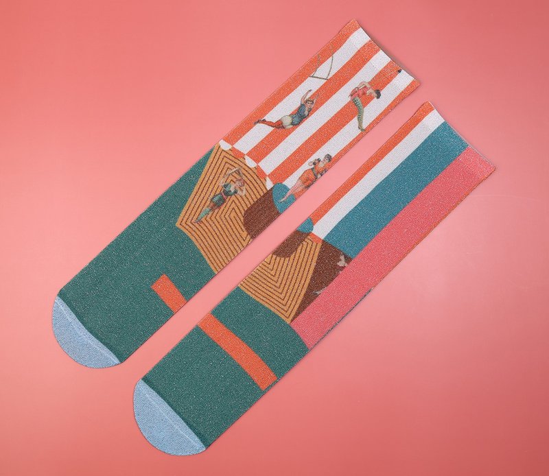 NoMatch不合设计复古插画马戏团圣诞印花银丝袜中筒薄款袜 - 袜子 - 聚酯纤维 多色