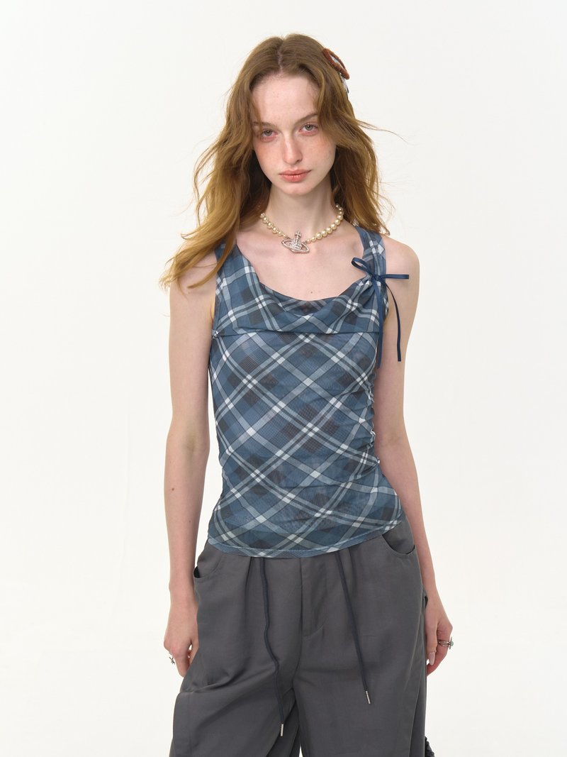 ziziFei夏季新款美式复古设计感格子修身显瘦格纹荡领外穿背心女 - 女装背心 - 其他材质 蓝色