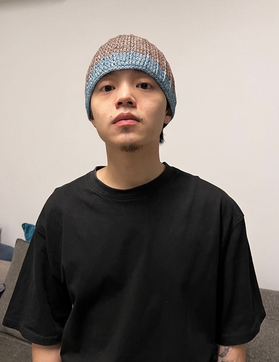 轻保暖手钩编织棉线帽-咖啡+湛蓝 - 帽子 - 棉 咖啡色