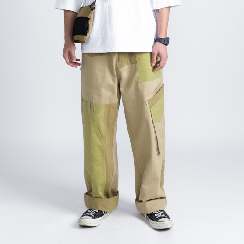 不规则拼接多口袋宽松直筒阔腿工装裤 白色/卡其色/绿色 - 男士长裤 - 棉．麻 多色