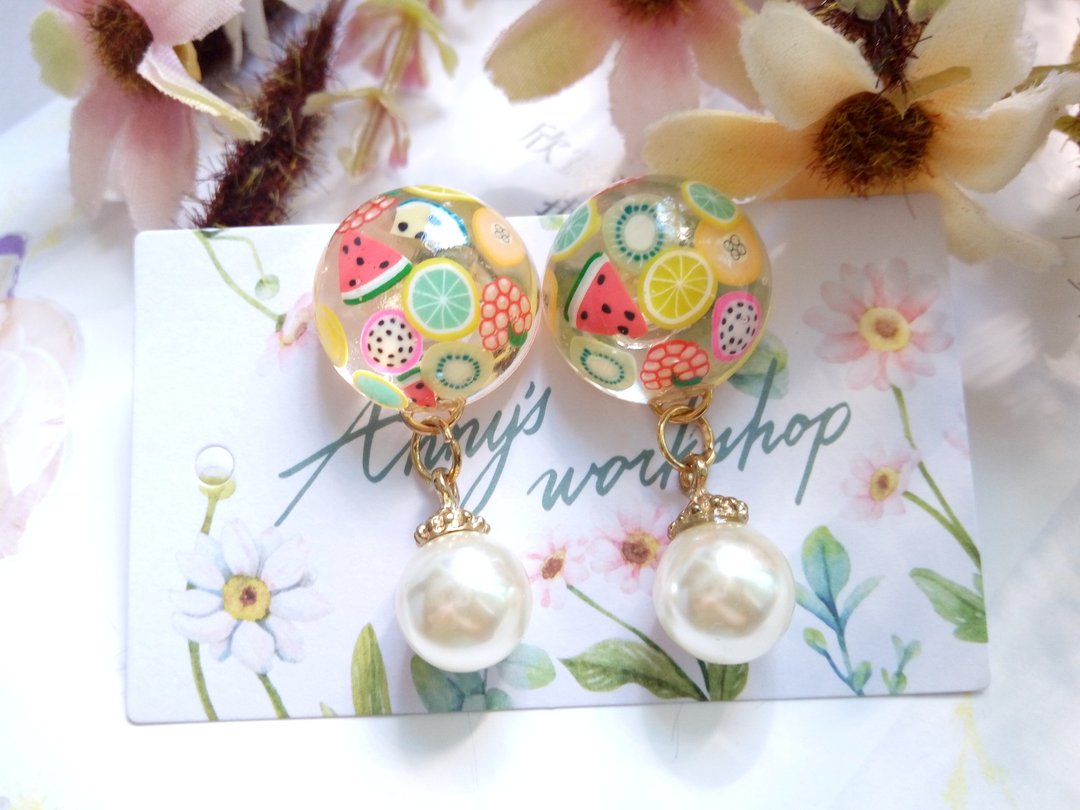 Annys workshop手作押花饰品, 夏日水果风耳环 - 耳环/耳夹 - 其他材质 多色