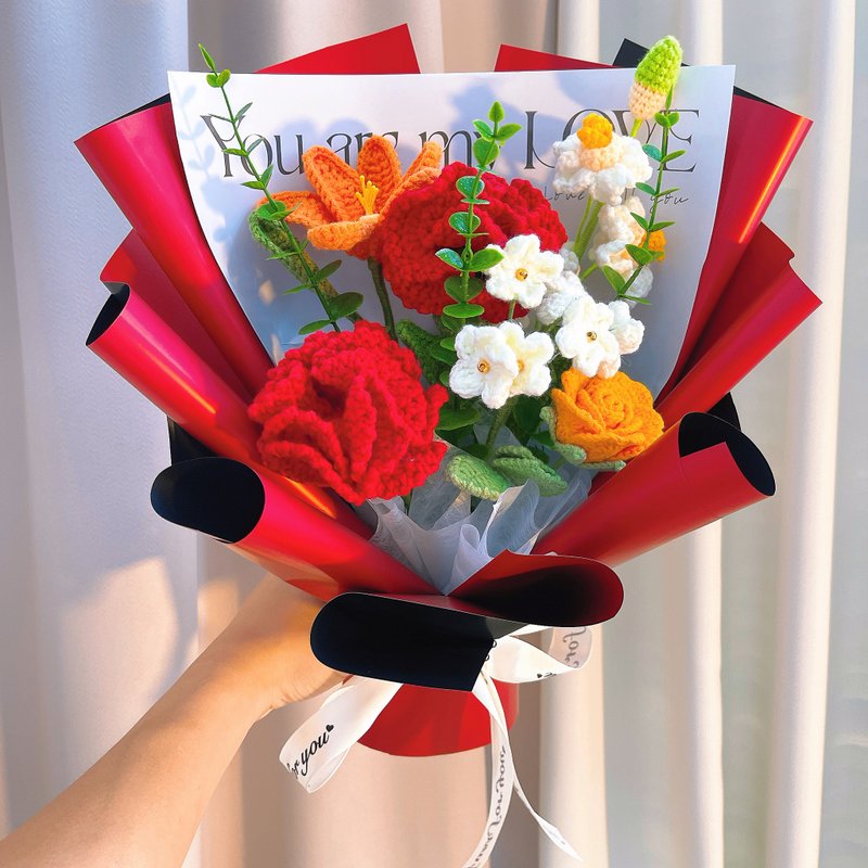 情人节礼盒  手作钩织炙热情意红橘色系永生花束 - 干燥花/捧花 - 棉．麻 