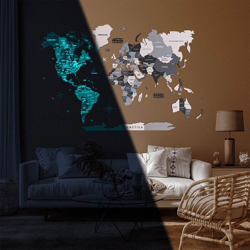 3D Travel Map Glow in The Dark, Unique Map, Rustic Home Decor by Enjoy The Wood - 墙贴/壁贴 - 木头 多色