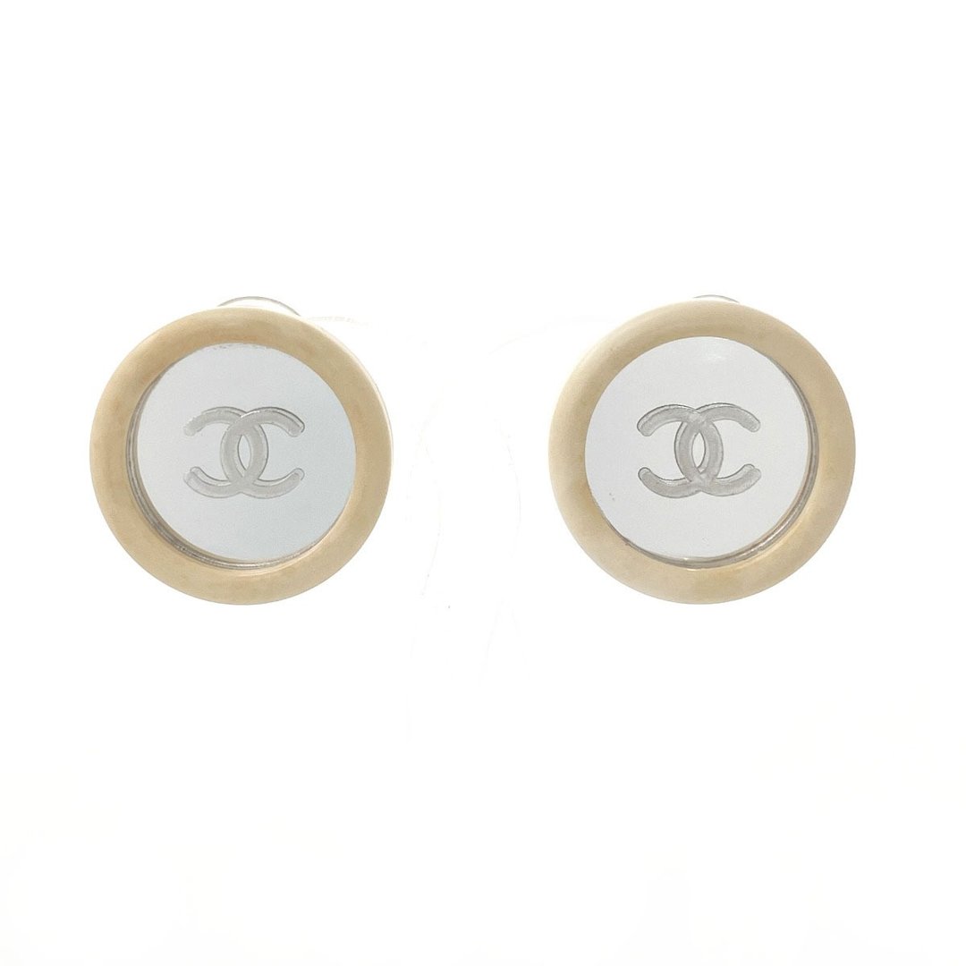 【日本直寄 二手美品】香奈儿 CHANEL 耳环 双C Logo Vintage 圆形 塑胶/金属 白色 95 C 稀有 - 耳环/耳夹 - 塑料 白色
