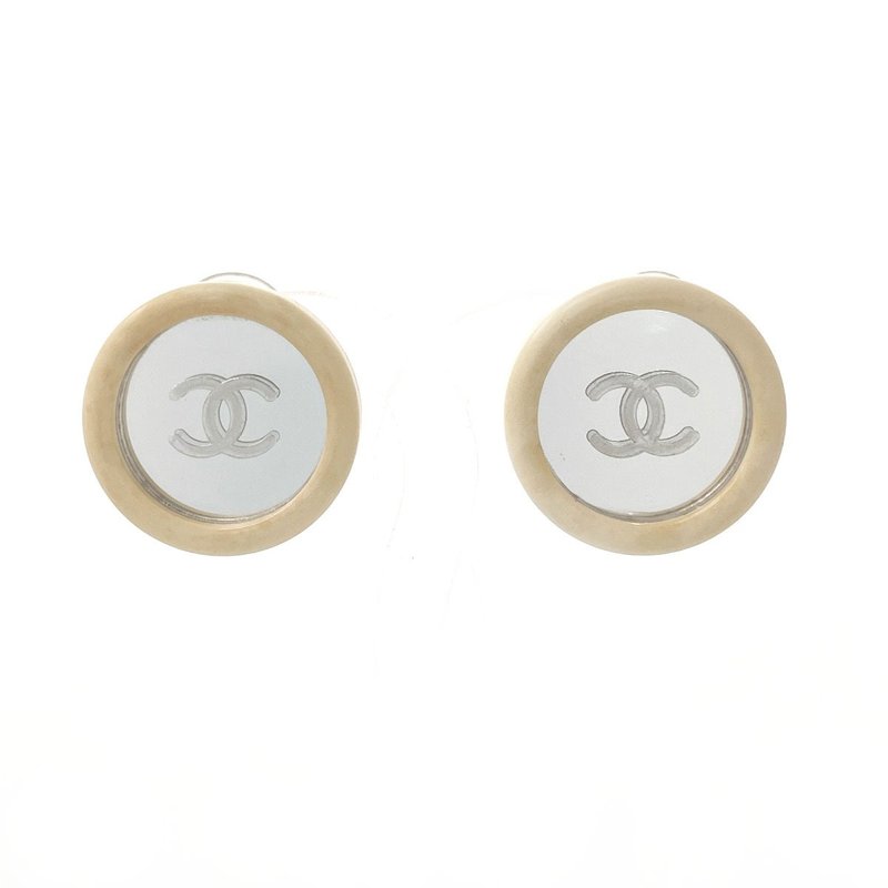 【日本直寄 二手美品】香奈儿 CHANEL 耳环 双C Logo Vintage 圆形 塑胶/金属 白色 95 C 稀有 - 耳环/耳夹 - 塑料 白色