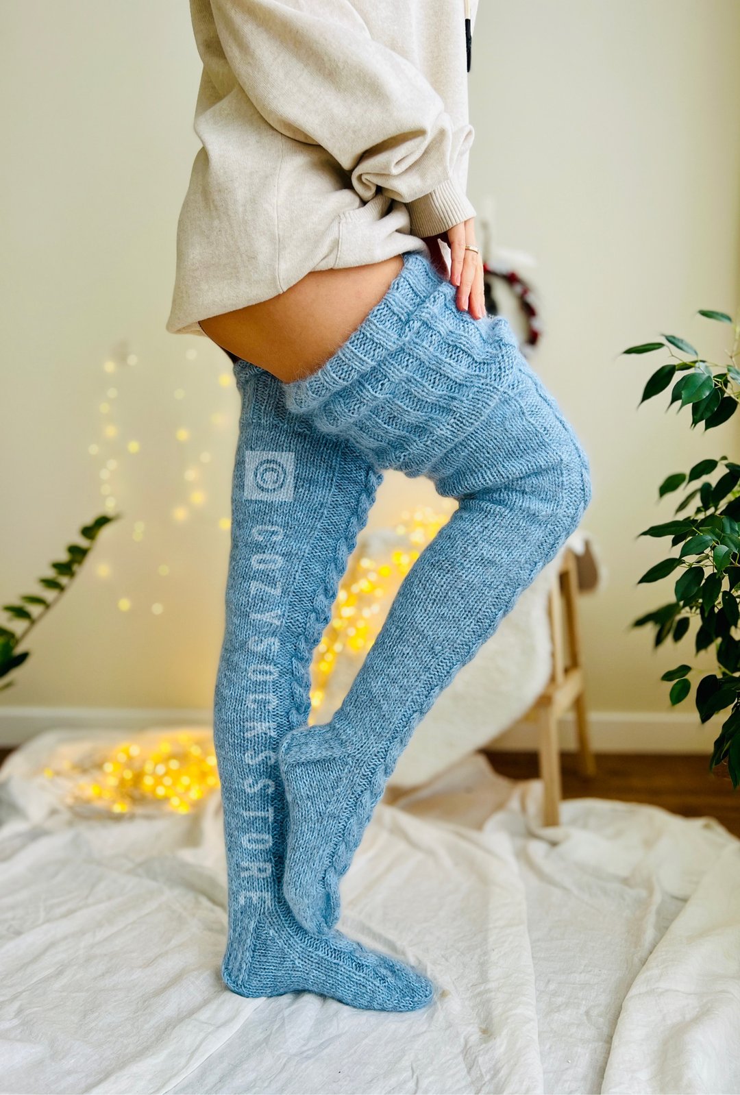 女士保暖长袜加大码美利奴羊毛长袜羊驼毛护腿 - 丝袜 - 羊毛 蓝色