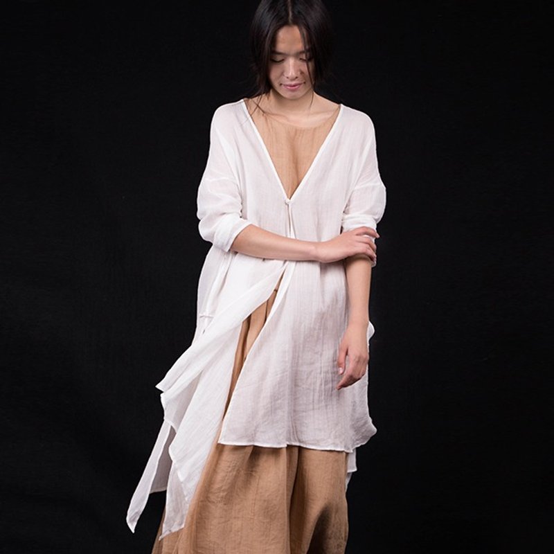 白色苎麻中长罩衫/防晒衫 - 女装上衣 - 棉．麻 