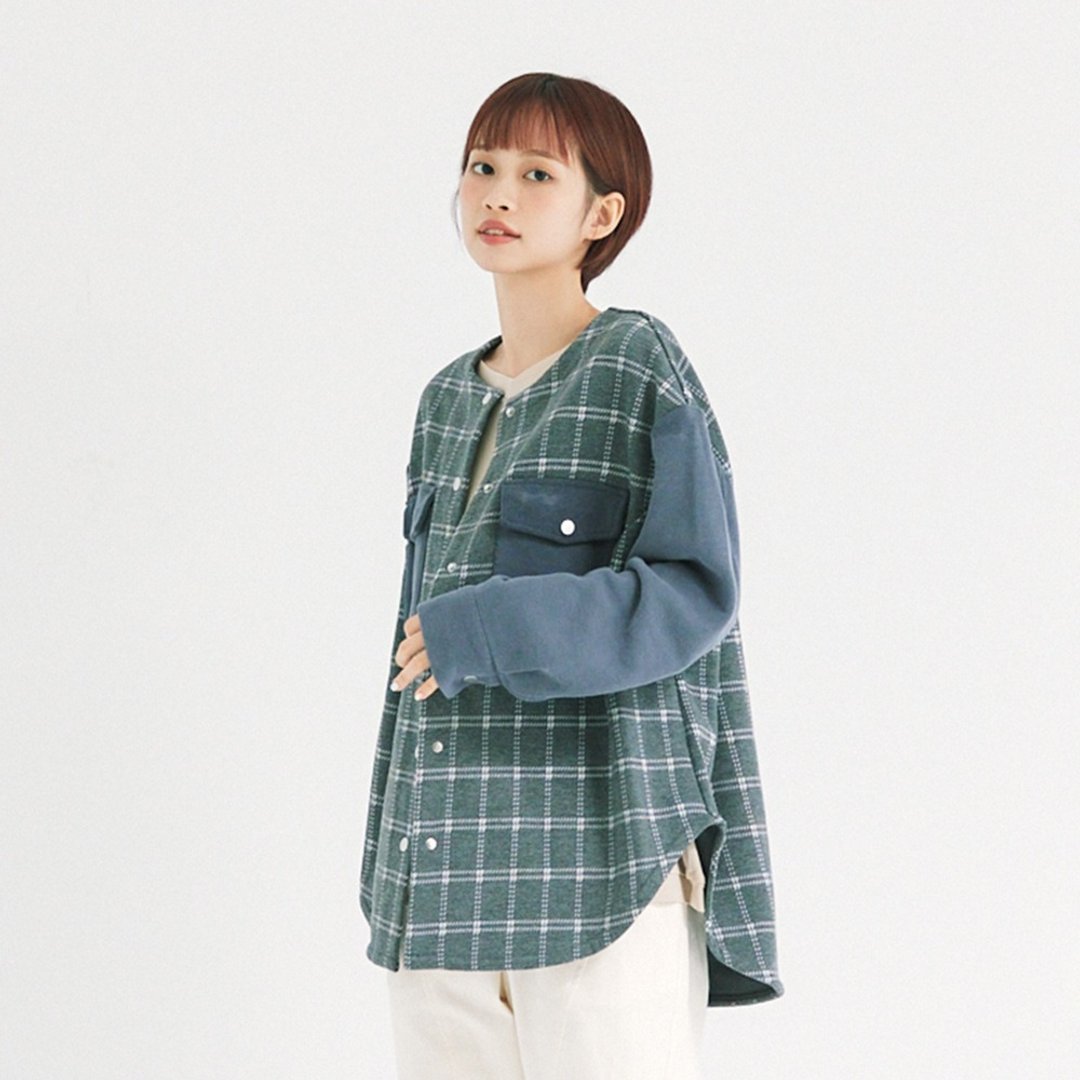 【Simply Yours】格子针织拼接外套 灰 F - 女装休闲/机能外套 - 其他材质 灰色