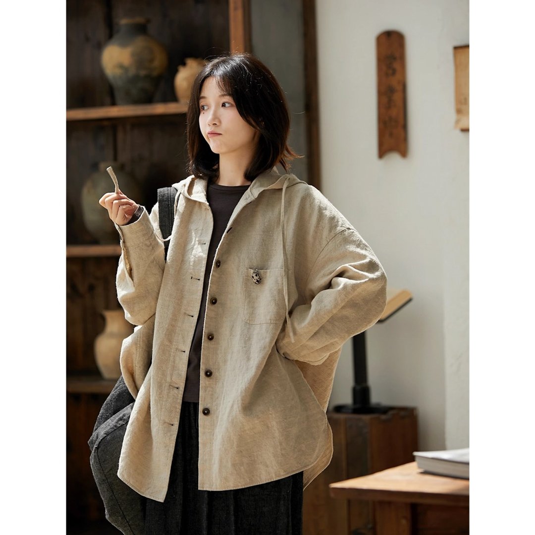 朴麻色亚麻开襟休闲连帽衬衫外套 - 女装上衣 - 棉 