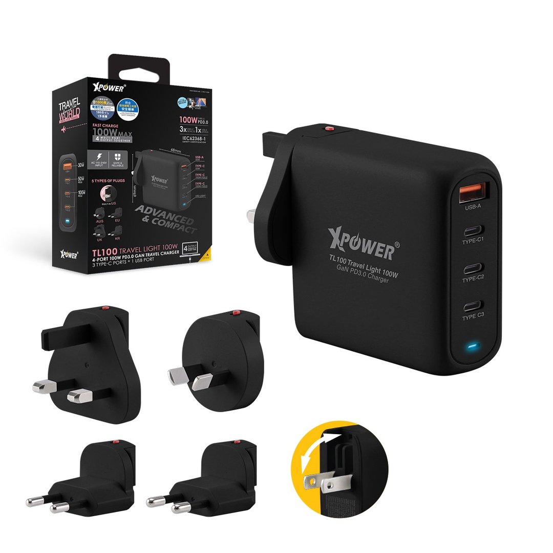 XPower TL100 Travel Light 100W 4输出100W PD3.0 GaN旅行充电器 - 手机配件 - 其他金属 黑色