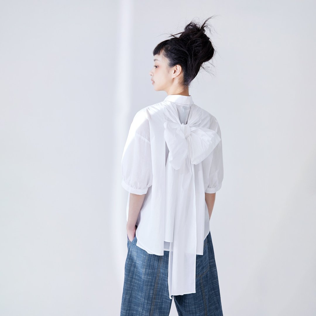 背后蝴蝶结绑带衬衫 - 女装衬衫 - 棉 白色
