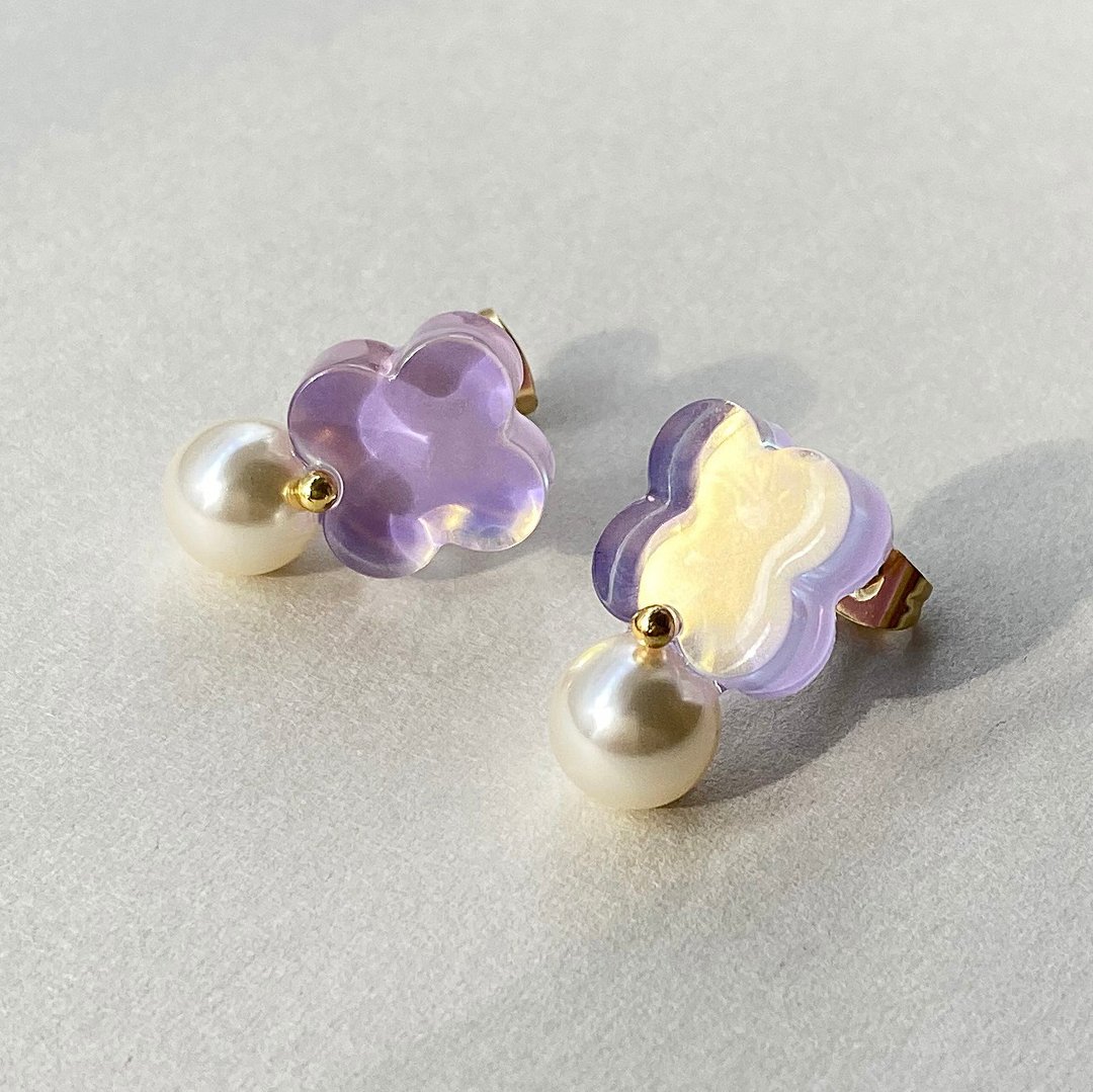 Aurora Flower Crystal Pearl Earrings/ Clip-On - 耳环/耳夹 - 树脂 粉红色