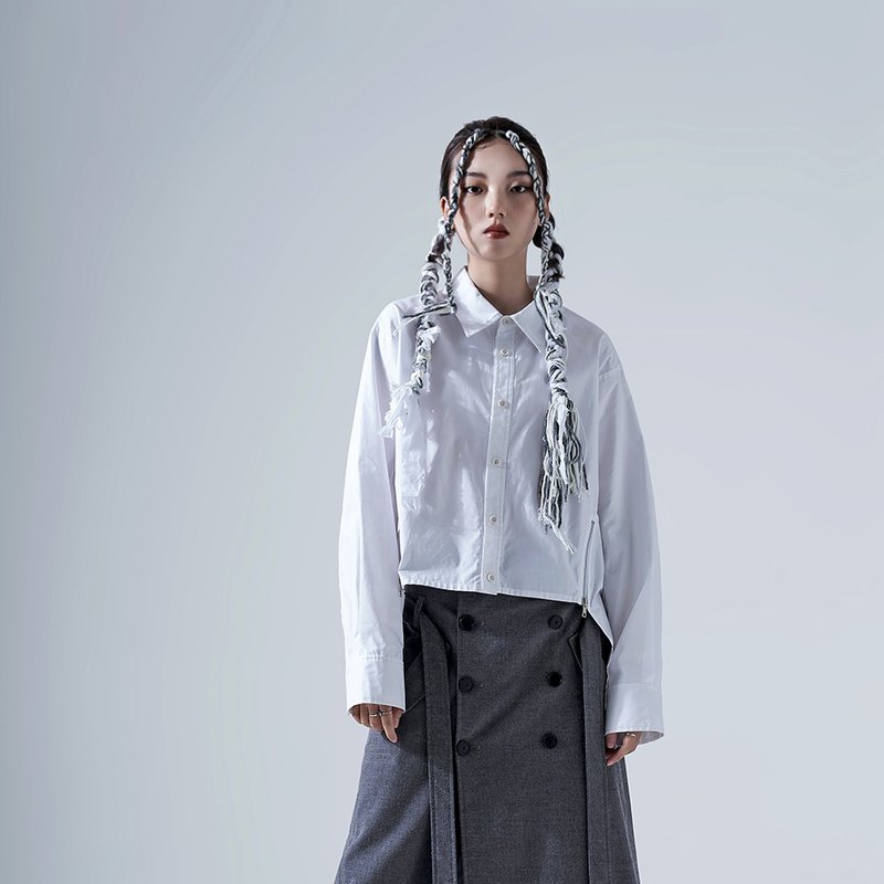 前短后长拉链衬衫 - 女装衬衫 - 棉．麻 白色