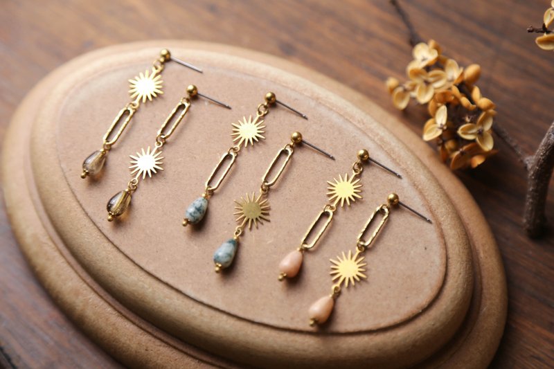 星芒 - 天然矿石 水晶 耳环 ( 三色 可改夹式耳环 ) - 耳环/耳夹 - 铜/黄铜 多色