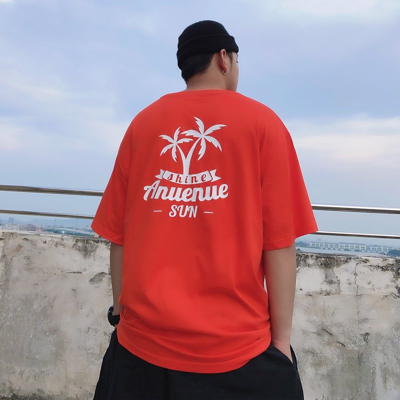 RLRM|原创设计/夏威夷主题图案T恤/街头宽松tee/情侣/休闲/纯棉 - 男装上衣/T 恤 - 棉．麻 橘色