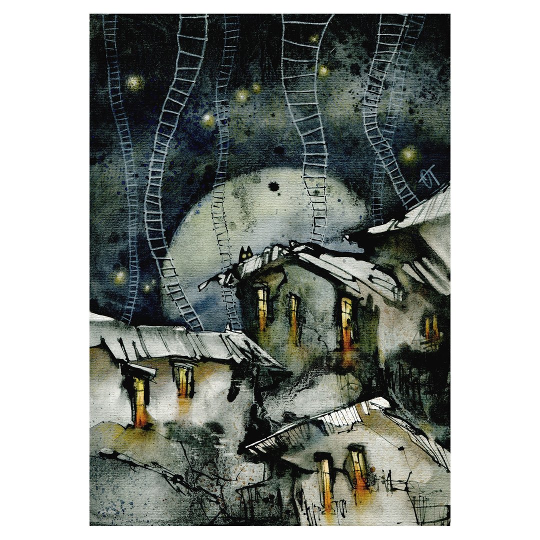 Watercolor ink graphic artwork fantasy urban landscape and little black cat - 墙贴/壁贴 - 纸 灰色