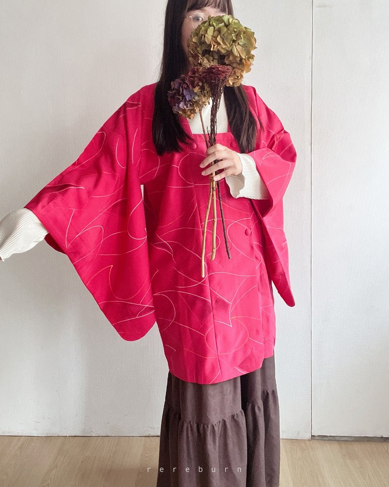 日本制和风印花薄款桃红色古着道行和服外套 - 女装休闲/机能外套 - 聚酯纤维 粉红色