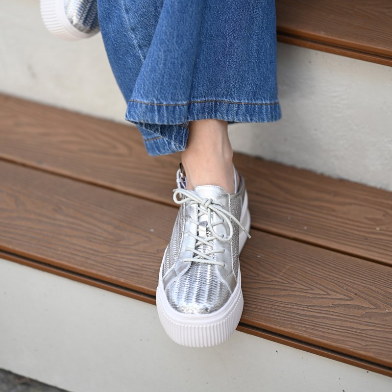 压纹皮-后跟扣带厚底凉鞋-银色 - 男女凉鞋 - 真皮 银色