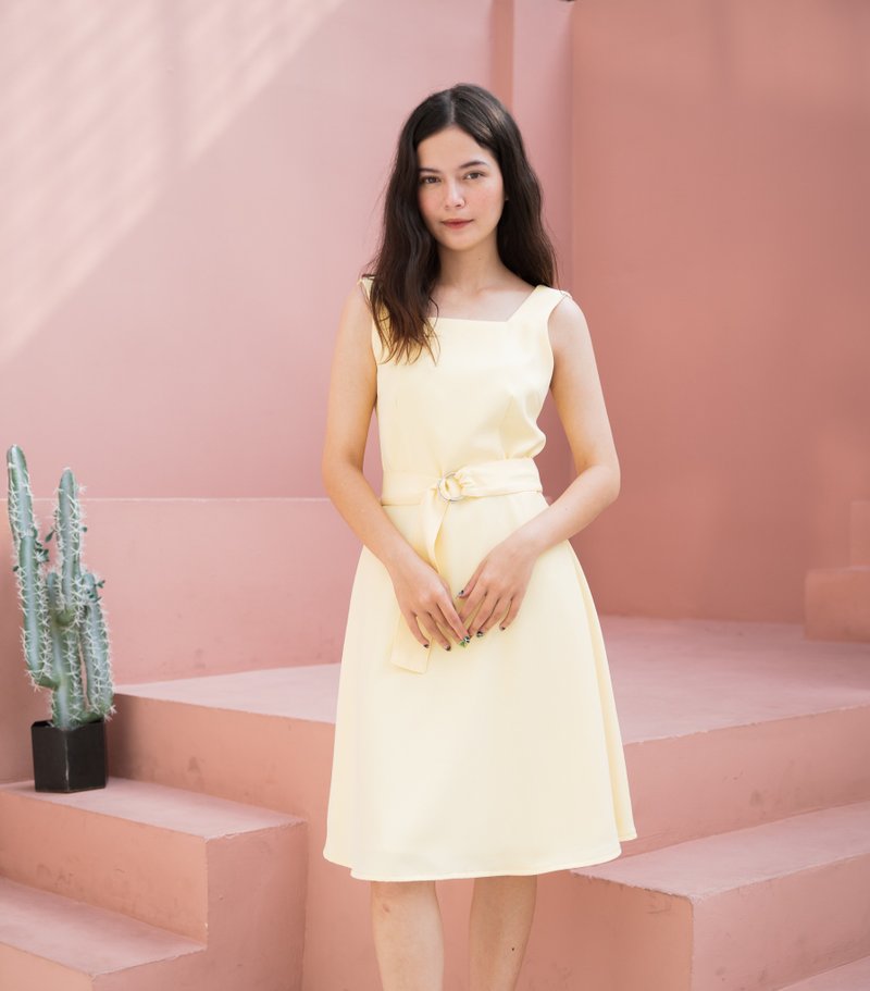 Yellow dress formal party yellow vintage style light sundress wedding dress - 洋装/连衣裙 - 聚酯纤维 黄色
