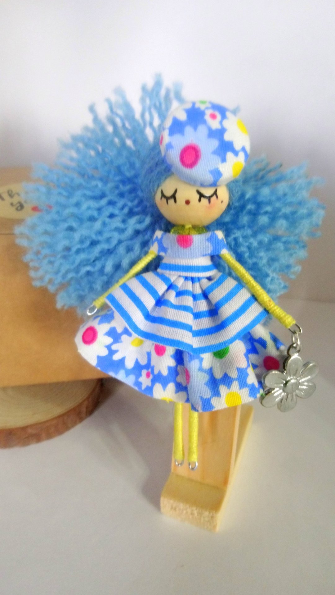 Brooch doll - 胸针 - 木头 蓝色