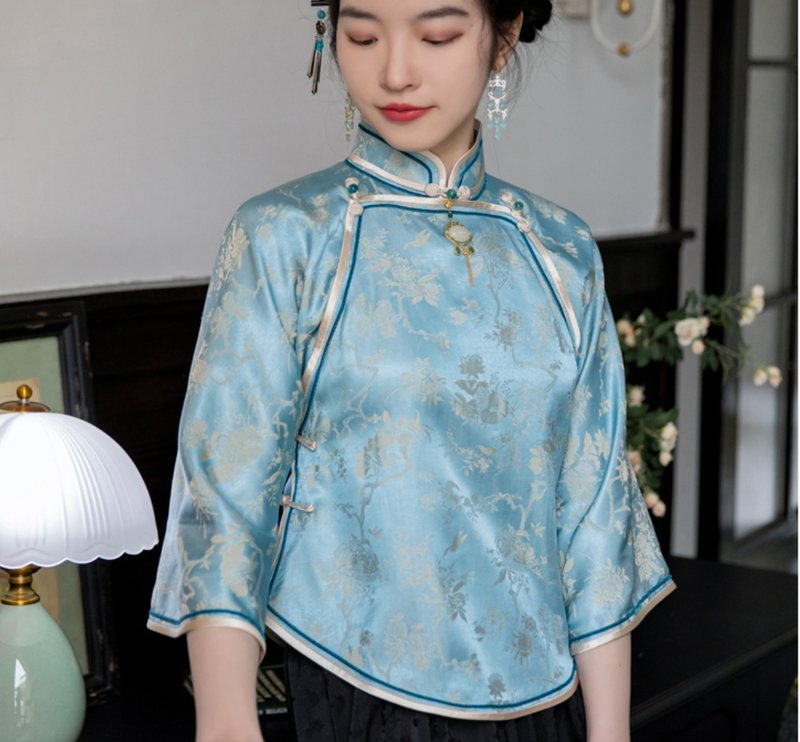 玉冰曲  新中式復古 旗袍盘扣上衣 - 女装上衣 - 其他材质 蓝色