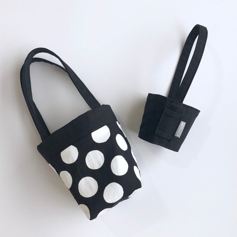 WATASHINO 黑白1+1 手提饮料袋+收纳型杯套【圆点款】 - 随行杯提袋/水壶袋 - 棉．麻 黑色