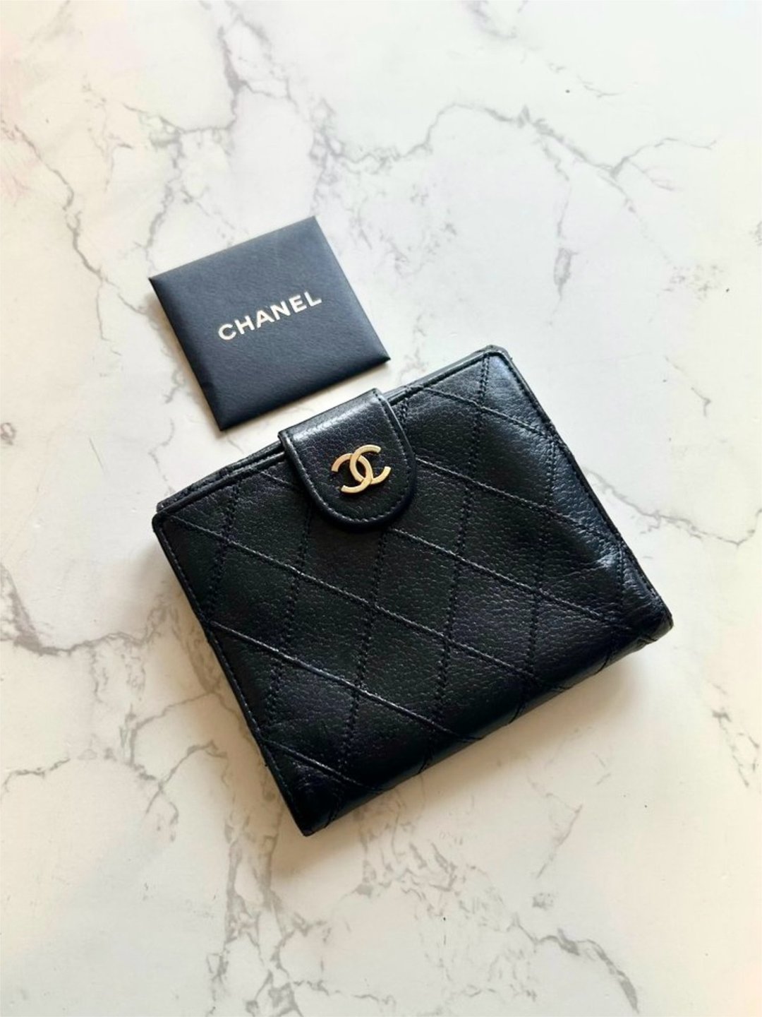 中古 Chanel 双面鱼子酱皮革 黑色短夹 皮夹 钱包 小包 古董二手包 - 皮夹/钱包 - 真皮 黑色