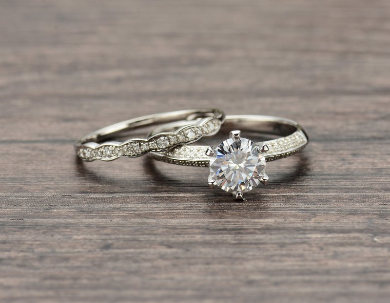 18K白金莫桑石订婚戒指和Art deco钻石婚戒 - 戒指 - 贵金属 白色