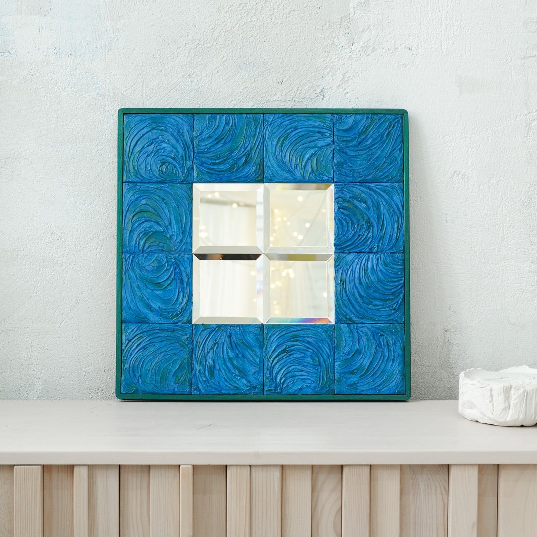 Blue and green mirrow with handpainted ceramic tiles and wood frame - 墙贴/壁贴 - 陶 蓝色