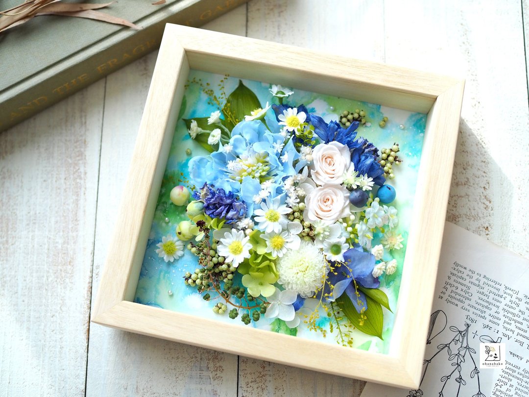 永生花・干花 × 水彩画 × 花艺混合媒材相框 蓝色花束 S 15cm - 画框/相框 - 植物．花 蓝色