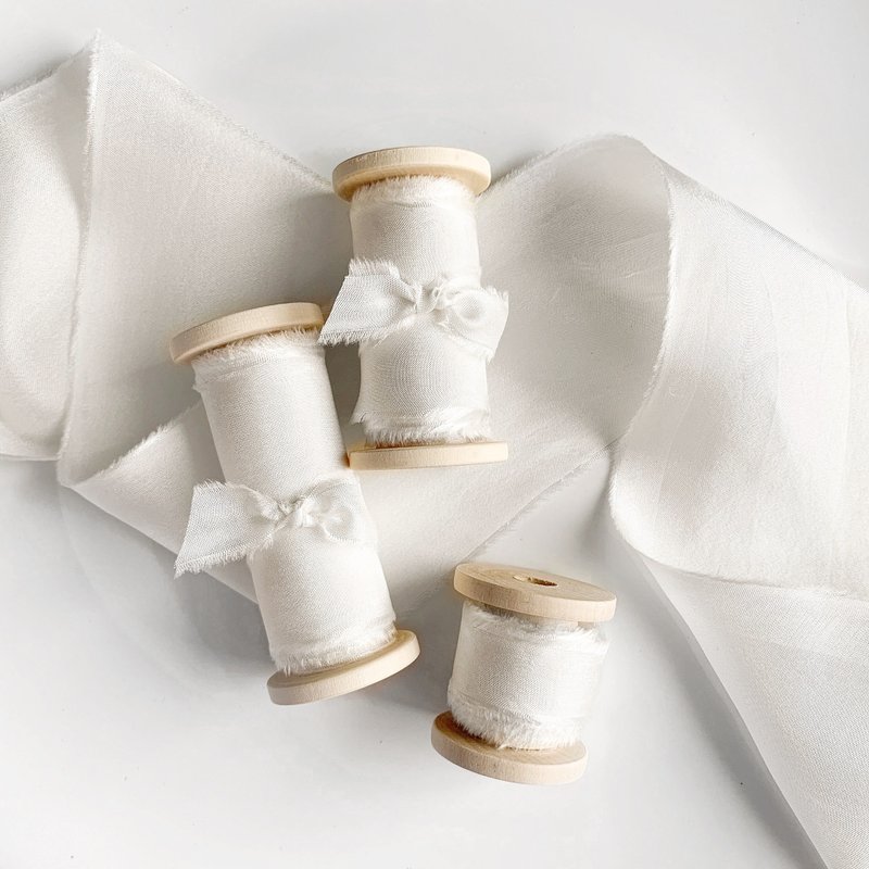 Light Ivory Silk Ribbon / Hand Dyed Silk ribbon on Wood Spool - 包装材料 - 丝．绢 白色
