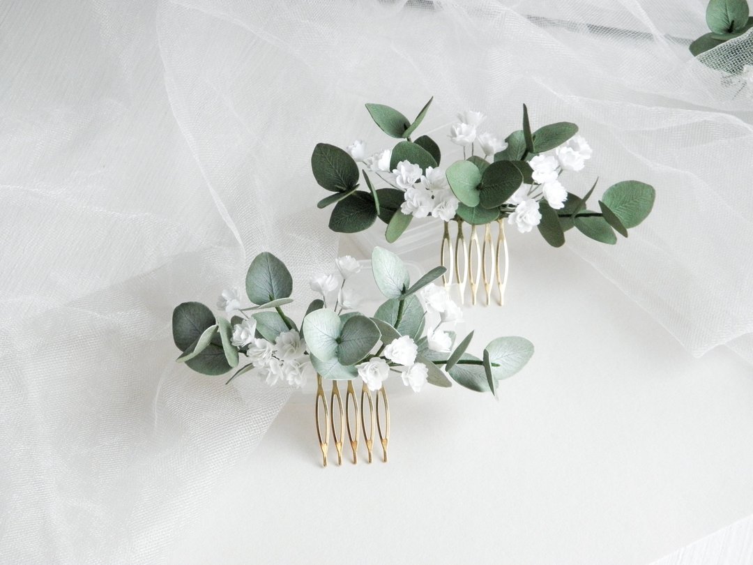 Flowers wedding hair comb Eucalyptus hair comb Greenery hair piece for bride - 发饰 - 植物．花 白色