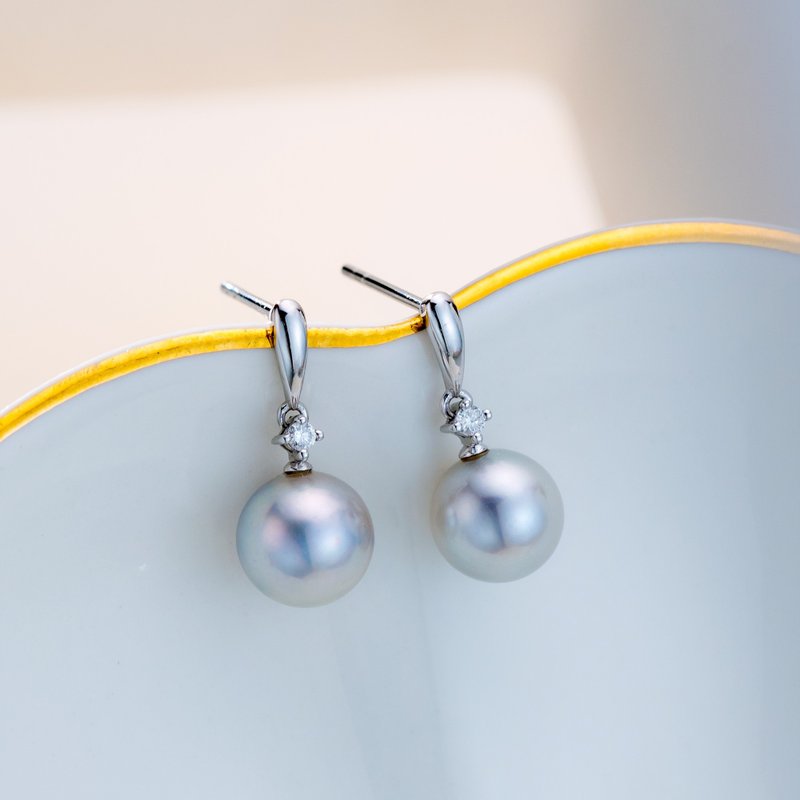 Akoya 银蓝色 小雨滴 18K白金 钻石耳环 - 耳环/耳夹 - 珍珠 