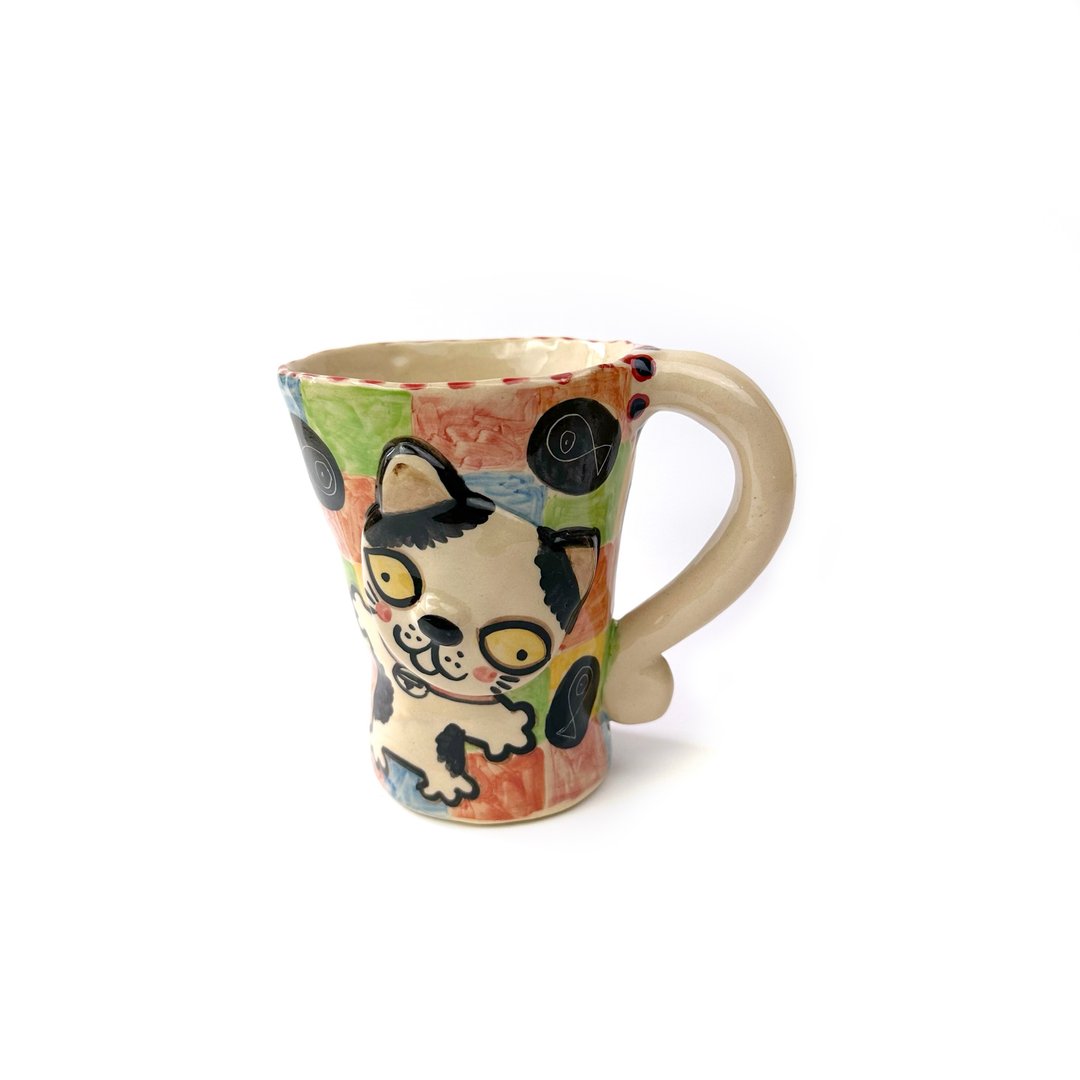 Nice Little Clay 手工铃铛杯 可爱猫 0101-157 - 咖啡杯/马克杯 - 陶 白色