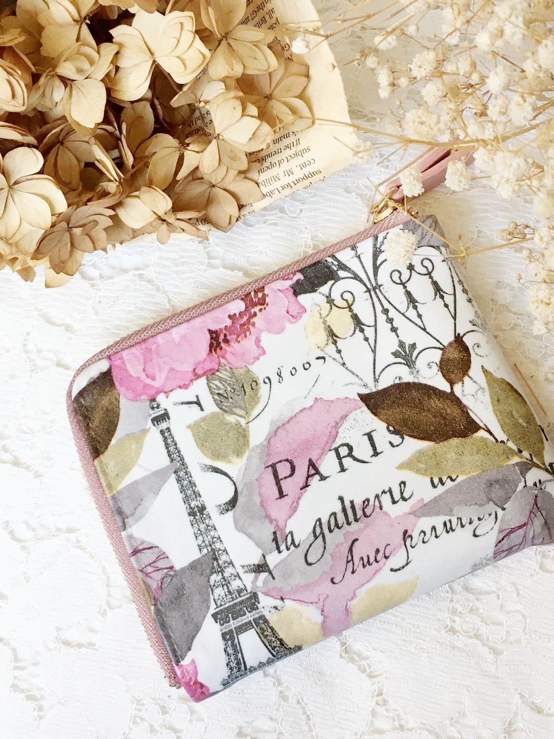 【L型短夹】paris花草 L型拉链短夹 轻薄 零钱包 皮包 钱包 礼物 - 皮夹/钱包 - 防水材质 
