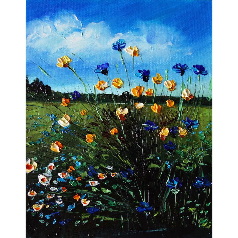 Wildflower Painting Oil Meadow Original Art 油畫原作 Landscape Artwork - 海报/装饰画/版画 - 颜料 多色