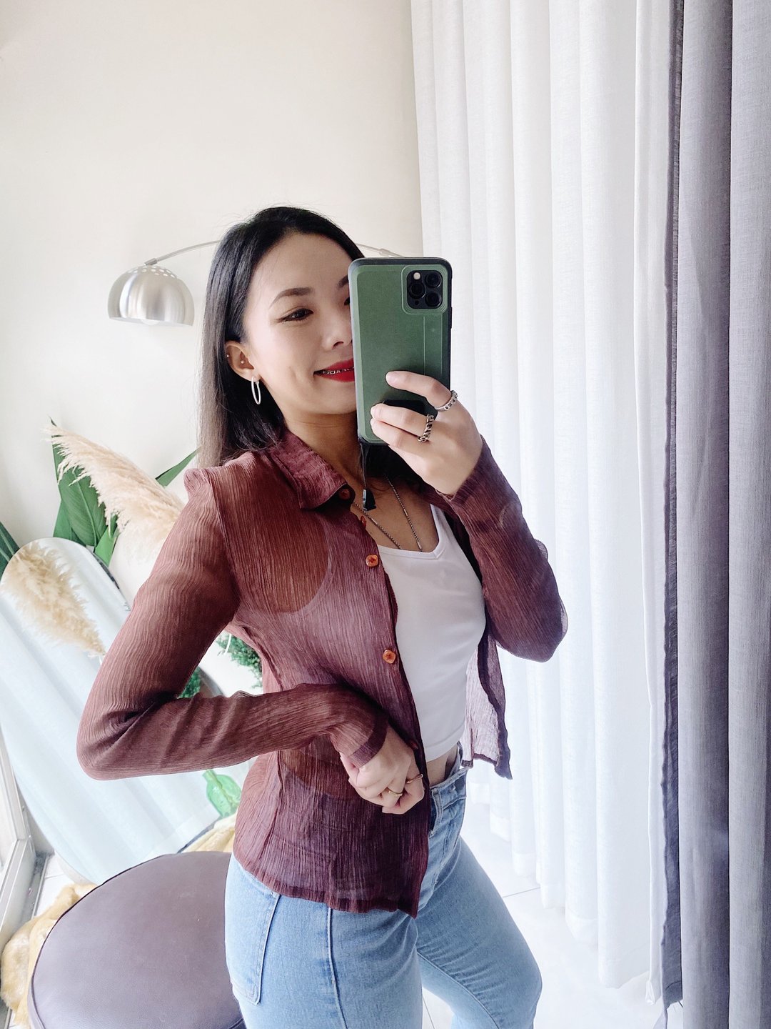 枣红透肤经典素面金丝 古着细直条压纹纱混丝质衬衫上衣 vintage - 女装衬衫 - 丝．绢 红色