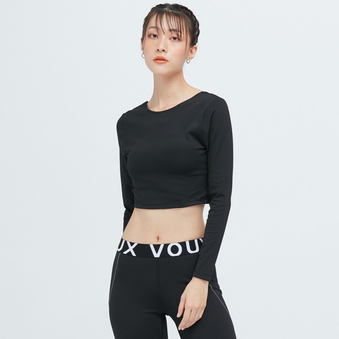 不可退换 /不对称交叉短版吸排上衣(女)-隧海黑 - 女装上衣 - 聚酯纤维 黑色