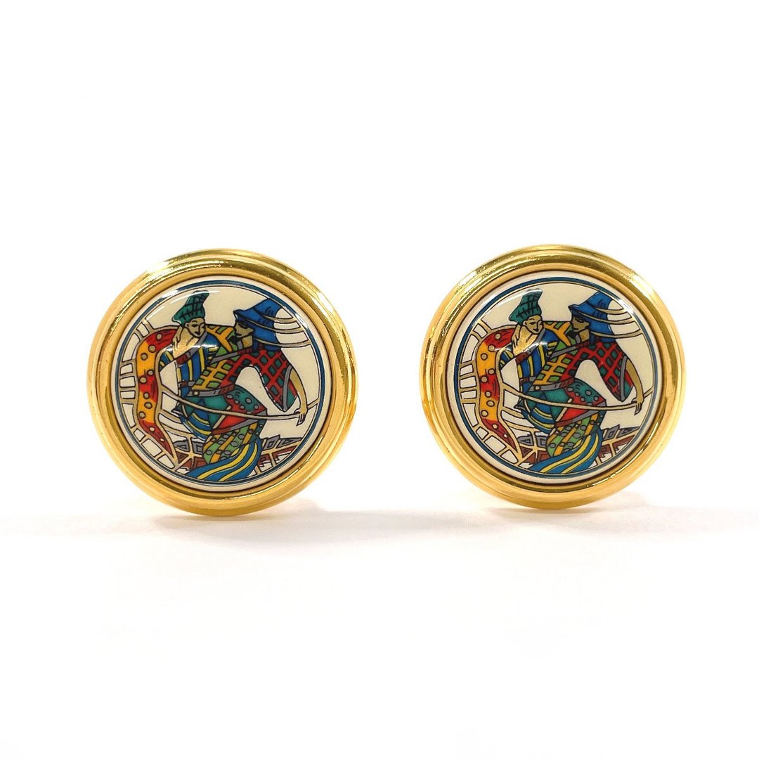 【日本直运 二手美品】爱马仕 HERMES 耳环 夹式 圆形 Émaille 珐琅 金属 亮金色 饰品 - 耳环/耳夹 - 贵金属 金色