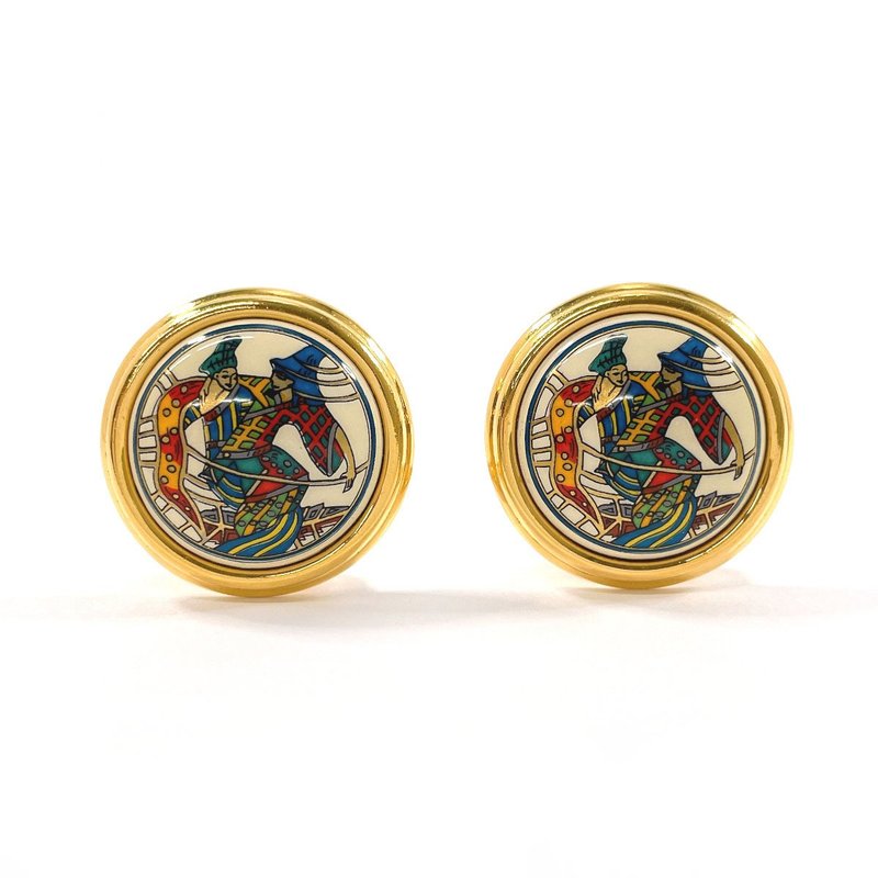 【日本直运 二手美品】爱马仕 HERMES 耳环 夹式 圆形 Émaille 珐琅 金属 亮金色 饰品 - 耳环/耳夹 - 贵金属 金色