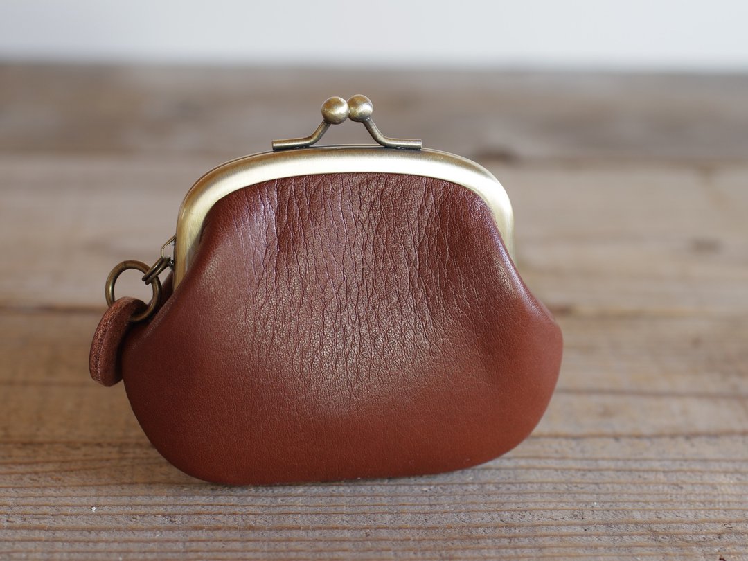 Leather Gamaguchi Coin Case Maron Brown - 零钱包 - 真皮 咖啡色