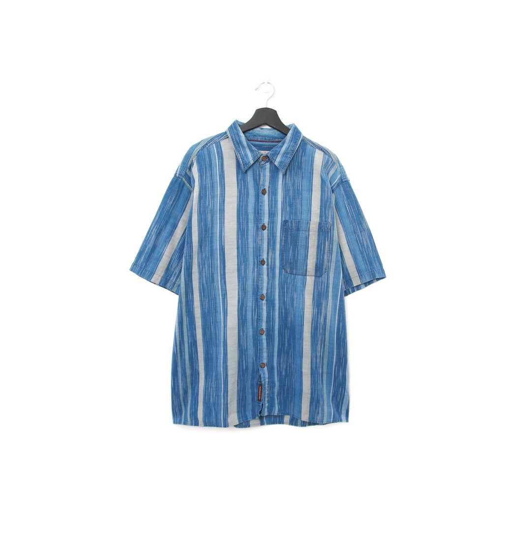 Back to Green-条纹短袖衬衫 蓝色调 微刷色 TS-06/vintage shirt - 男装衬衫 - 棉 