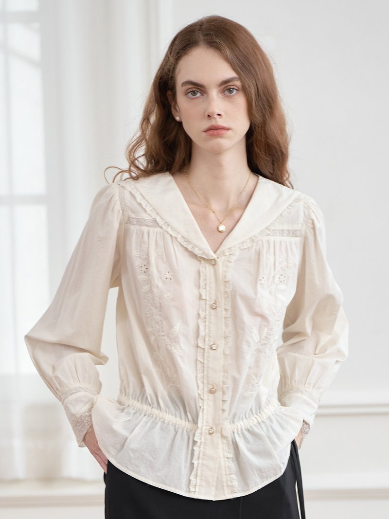 Kaylani V领树莓刺绣法式衬衫 - 女装衬衫 - 棉．麻 多色