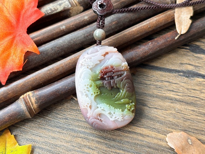 【一物一图】天然盐源玛瑙 雕刻 山水牌 手编绳 项链 - 项链 - 水晶 多色