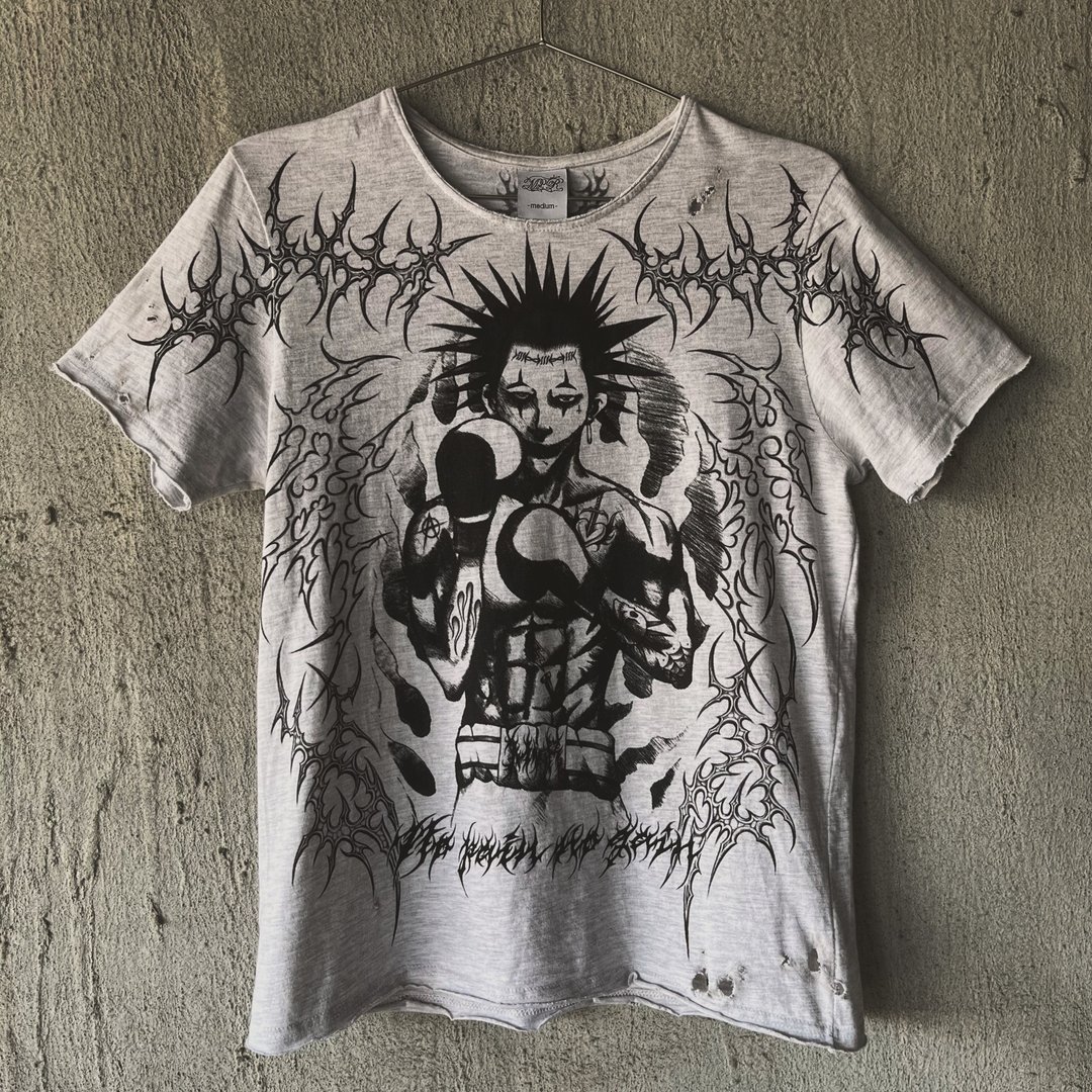 MrR庞克头小丑妆拳击手赛博符印主义图腾手工破坏手绘纯棉T-shirt - 男装上衣/T 恤 - 棉 灰色