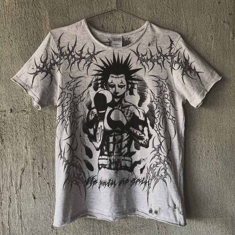 MrR庞克头小丑妆拳击手赛博符印主义图腾手工破坏手绘纯棉T-shirt - 男装上衣/T 恤 - 棉．麻 灰色