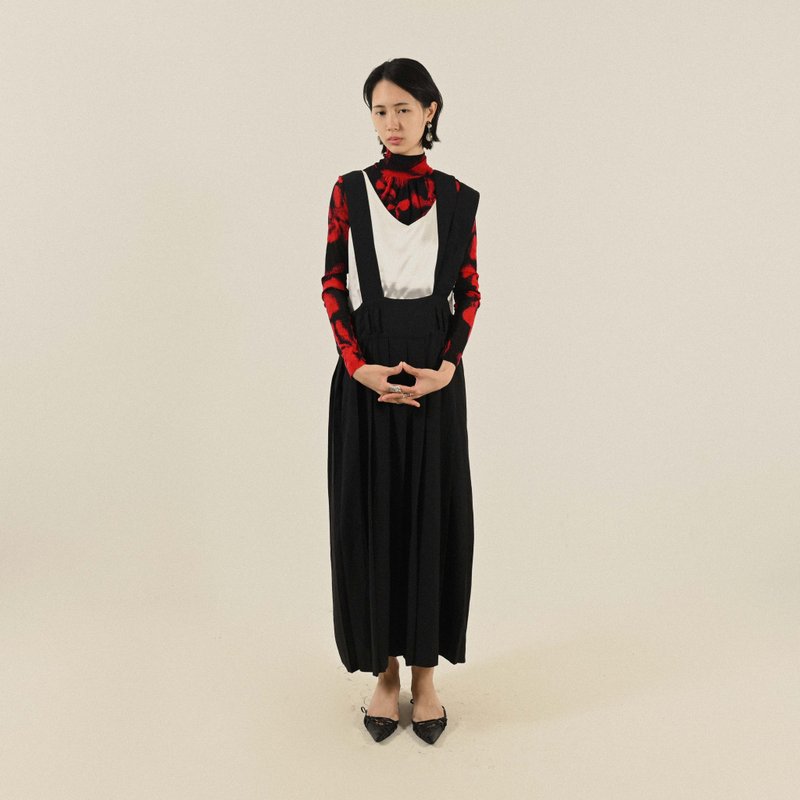 【NaSuBi Vintage】日本制造型肩带百褶古着吊带裙 - 洋装/连衣裙 - 其他人造纤维 黑色